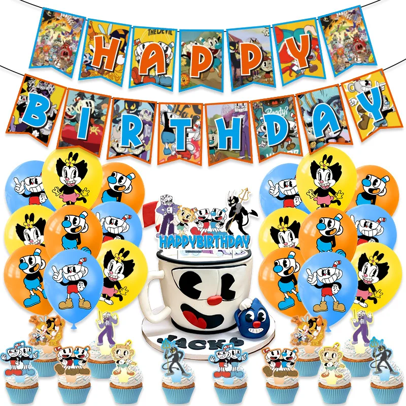 Cupheads Theme Balloon Arch Kit, Happy Birthday Decoration, Party Favor Banner, Cake Toppers, Supplies for Kids, Boy Gift