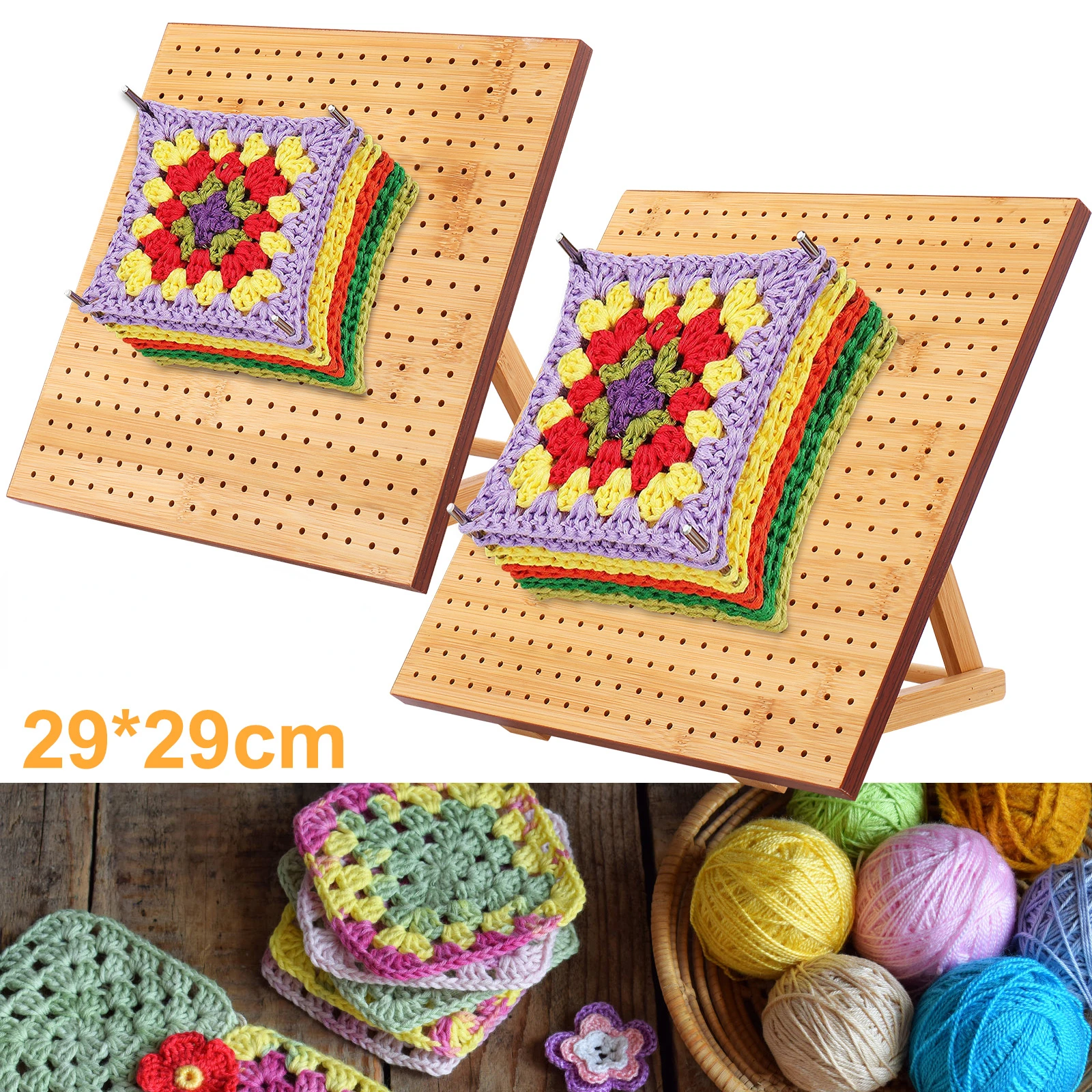 Premium Bamboo Crochet Blocking Board with Adjustable Stand - Reusable Wooden Crafting Tool for Granny Squares, 9.8/11.4 inch