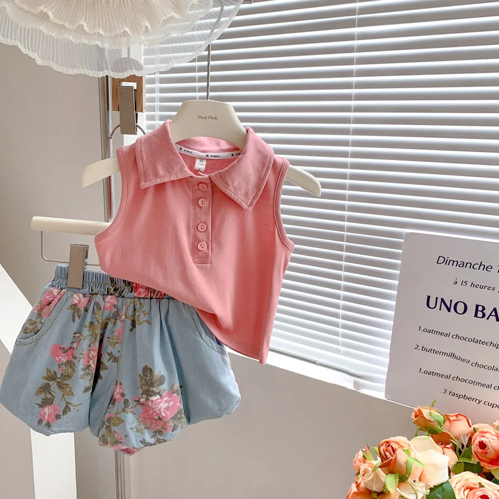 

Summer Children Clothes Sets Korean Style Kids Girls Sleeveless Shirt Pullover Tops Vest+Floral Denim Shorts 2Pcs Outfit Suit