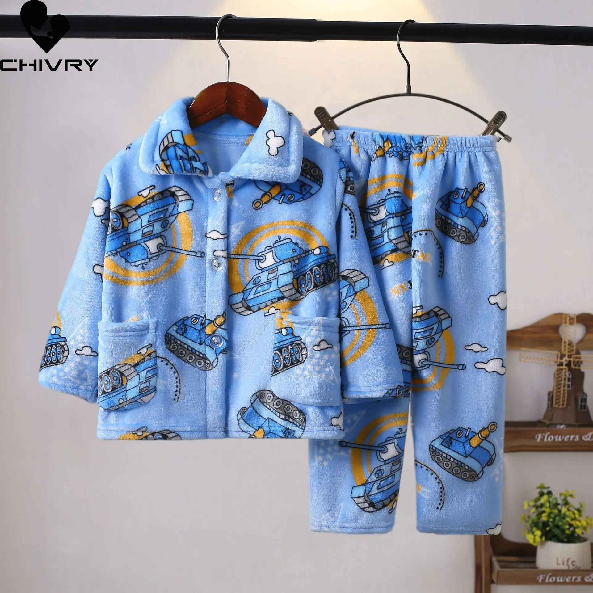 

New Kids Boys Girls Autumn Winter Flannel Warm Pajamas Cartoon Long Sleeve Lapel Tops with Pants Baby Sleeping Clothing Sets