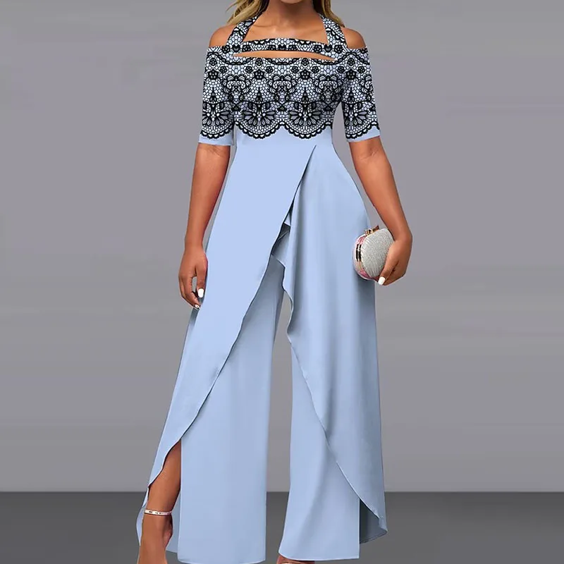 2023 Fashion Sexy Off-shoulder Printed Wide-leg Pants Jumpsuit Streetwear Casual Mid Waist Hollow Out Summer Straight Rompers