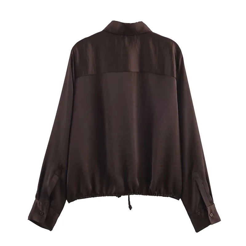 Chic Simple Brown Satin Shirts for Women 2025 New Fashion Long Sleeve Women's Casual Loose Shirt And Blouse Woman Top