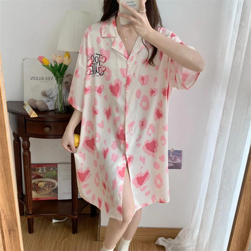 Summer Loose Casual Printing Sleep Robes Women's Short Sleeve Trend Fashion Buttons Homewear Female Oversized Print Shirt Dress