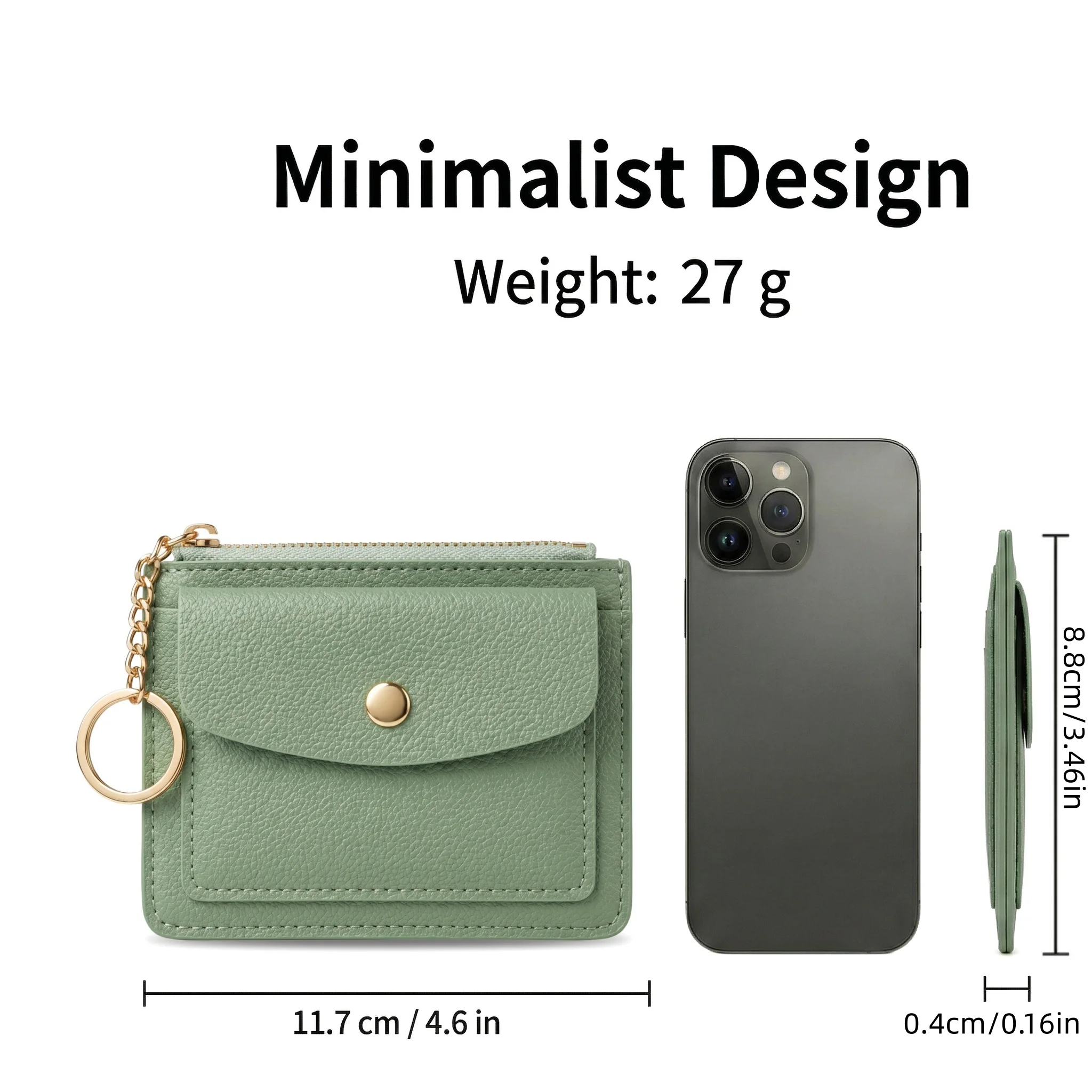 Elegant Green PU Leather Women's Slim Wallet with Keychain and Zippered Coin Pocket