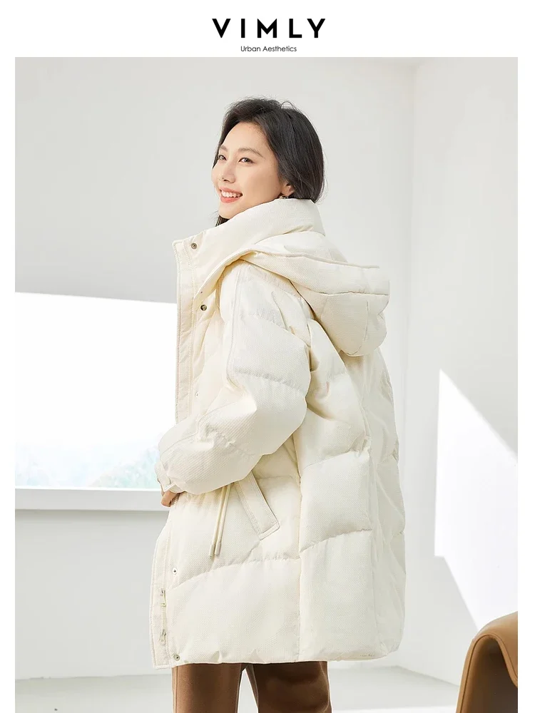 Vimly Hooded Stand Collar Zipper Duck Down Jackets 2023 Winter New Casual Straight Thick Warm Long Coats for Office Ladies 50719