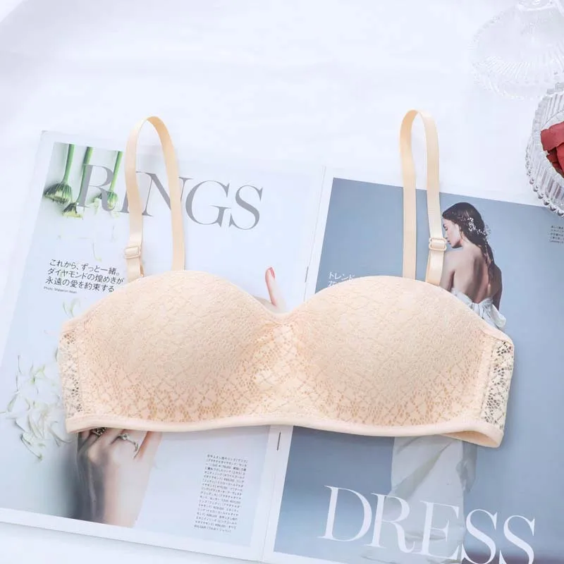 Roseheart New Sexy Women Gray Skin Wireless Lace Bow Padded Bras Push Up Female Bras Bralette Cup A B Underwear Invisible