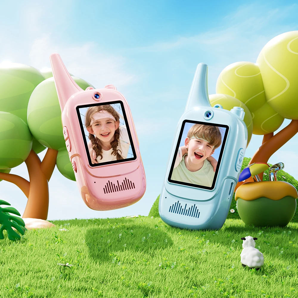 어린이용 비디오 스크린 무전기 2종 세트, 충전식 용 장난감, 고화질 카메라 및 음성 변조 기능 포함
