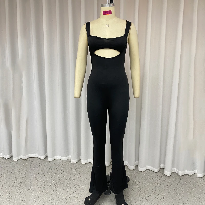 LIYONG Women's Jumpsuit Summer Sexy Sleeveless Cutout Backless Nipped Waist Zipper Solid Flare Pants Bodycon Romper Streetwear