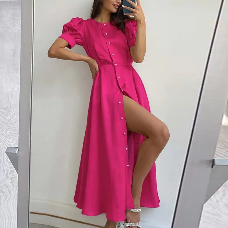 

2023 Summer Womens Dress Solid Button High Waist Puff Sleeve Mid Length Shirt Vestido Fashion Casual Hemden Vestidos Para Mujer