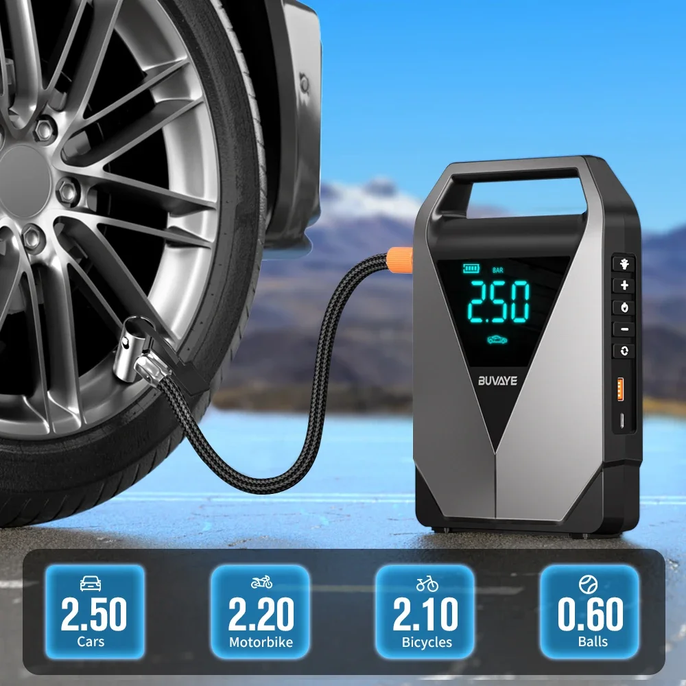 BUVAYE Jump Starter Air Compressor with Power Bank 2500A Battery Booster 12V Engine Starter 150PSI Electric Pump Tire Inflator