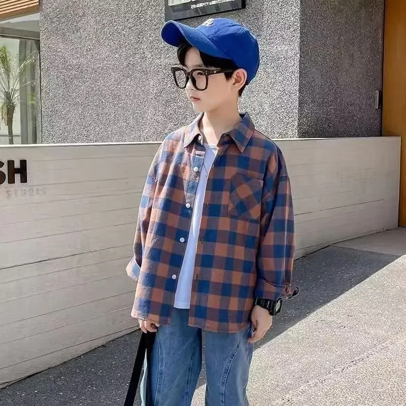 Spring Fashionable Plaid Boys Shirt New Hot Sale Of The Season Middle Large Children's Spring Outerwear Trendy Male Kids Clothin