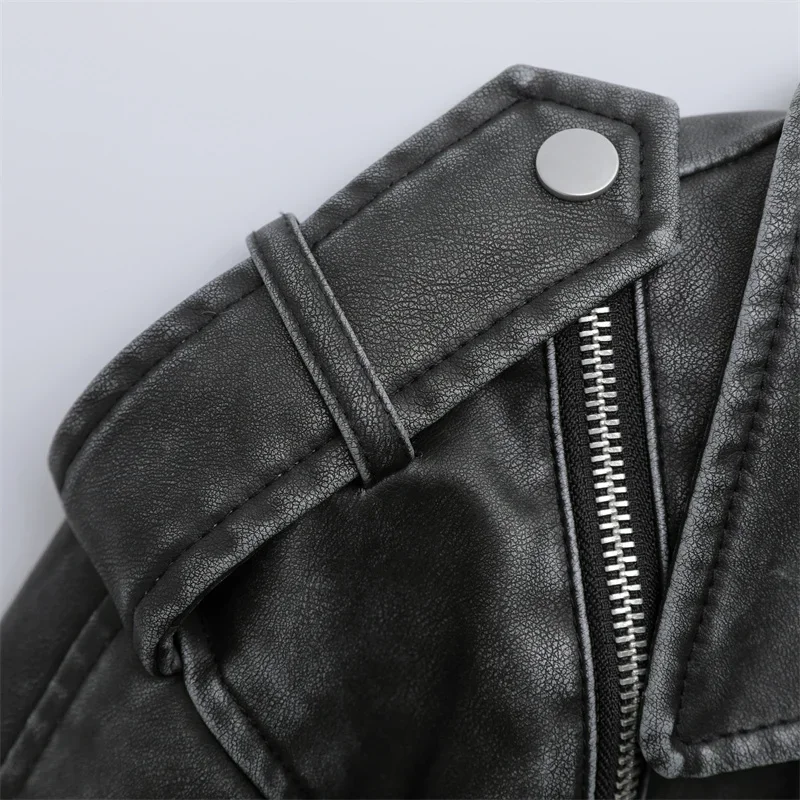 2024 Women's new short make old effect imitation leather motorcycle jacket jacket women's washed gray leather coat