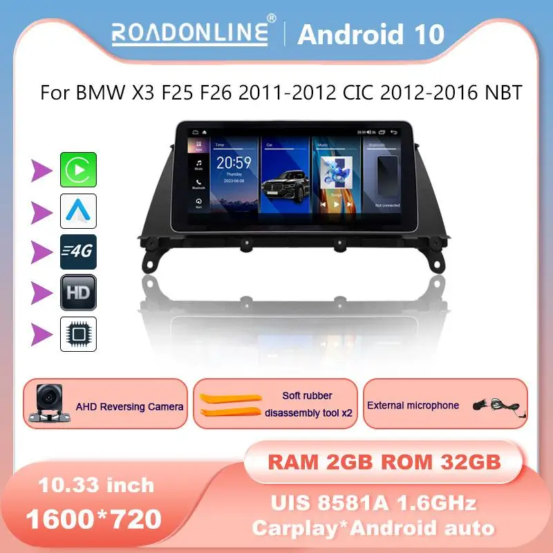 

For BMW X3 F25 F26 2011-2012 CIC 2012-2016 NBT Android 10.0 Octa Core 2+32G 10.33 inch Car Multimedia Player Stereo Receiver