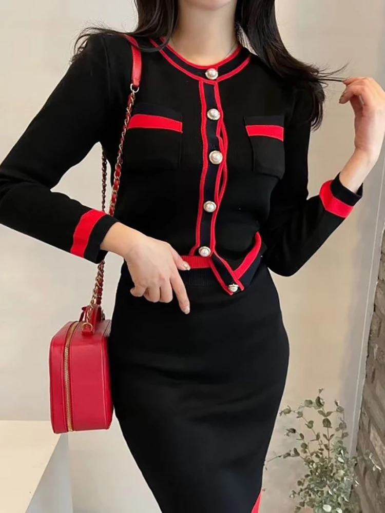 New Autumn Women Fashion Designer Skirt Set Long Sleeve Pockets Tops + High Waist Knee Skirt Knitting 2 Two Pieces Suits classic designer handbags rattan knitting totes bags fashion woven shopping hand basket large casual bag exotic amorous feelings