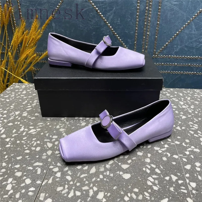 

Spring New Square Toe Fish Mouth Silk Real Leather Ballet Flats Woman Butterfly Knot Low Heels Peep Toe Casual Single Shoes 2024