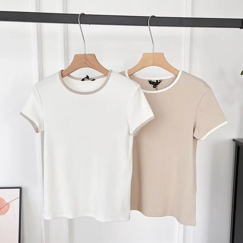 

Women's 2024 New Fashion Casual Joker Basic Contrast T-shirt Retro Short-sleeved Women's Chic Top