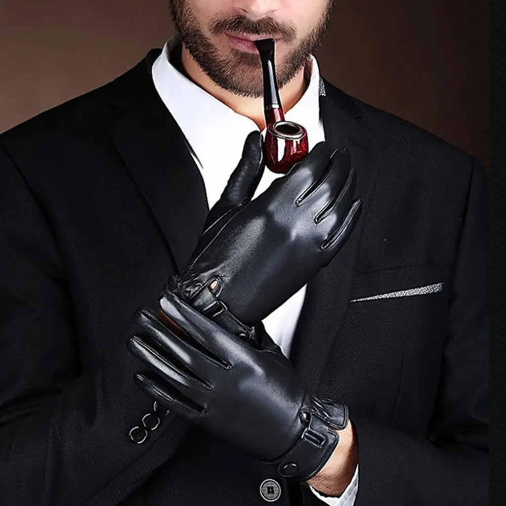 

Перчатки мужские с защитой от холода, однотонные митенки из искусственной кожи с пальцами для сенсорного экрана, плюшевые варежки в Корейском стиле
