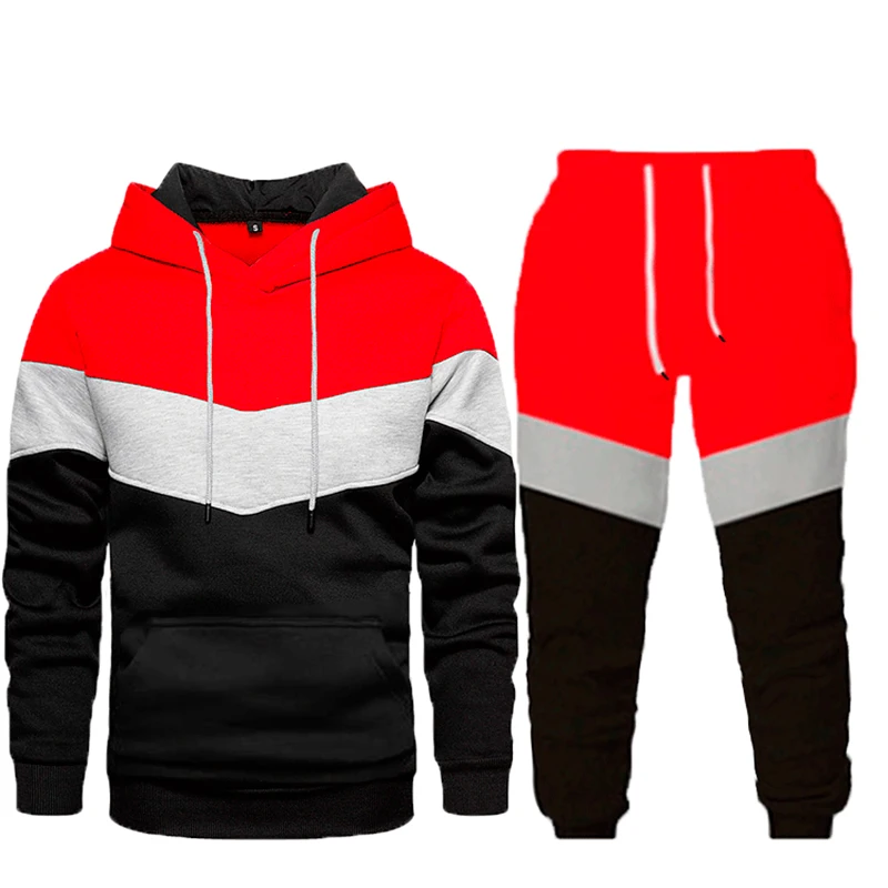 Autumn Winter Loose Casual Patchwork Hoodies Elastic Waist Sweatpants Set Male Fashion Pocket Pullover Hooded Top Pants Suit Men