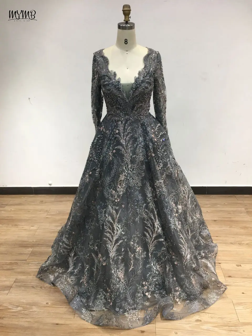 MYMB Arabic Luxury V Neck A-Line Beading Lace Wedding Engagement Night Gowns Elegant Long Sleeve Evening Dress for Women Party 1