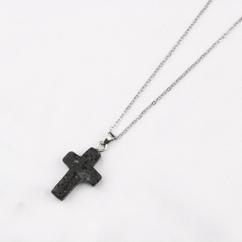Black Lava Stone Cross Charms Necklace Aromatherapy Essential Oil Perfume Diffuser Pendant Pu Chain Necklace
