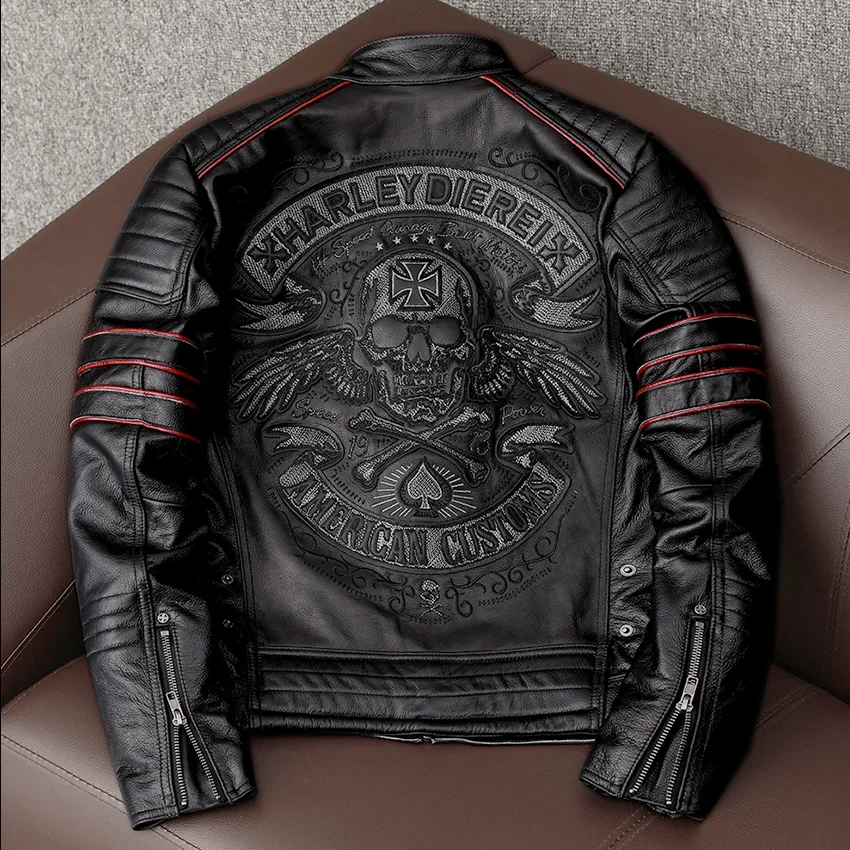 Men's Spring Original Leather Motorcycle Jacket 2025 Skull