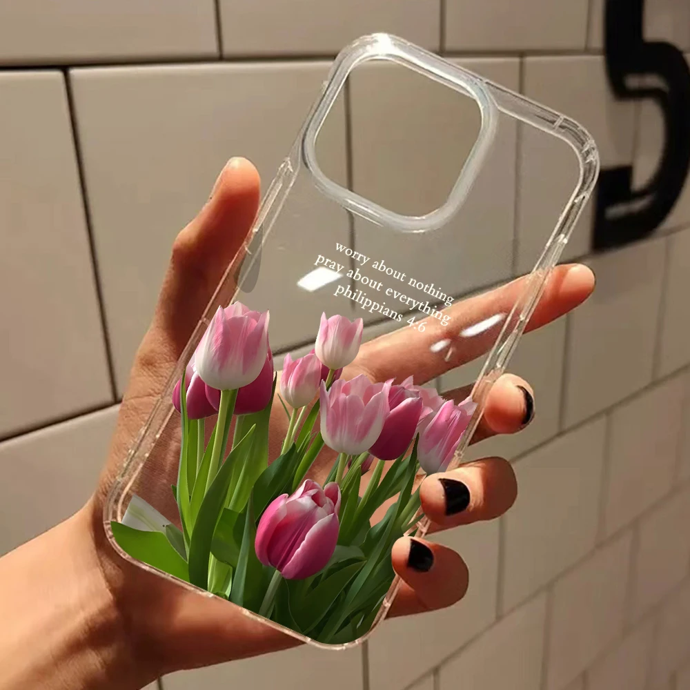 Pink Tulip Pattern Transparent Silicone Phone Case