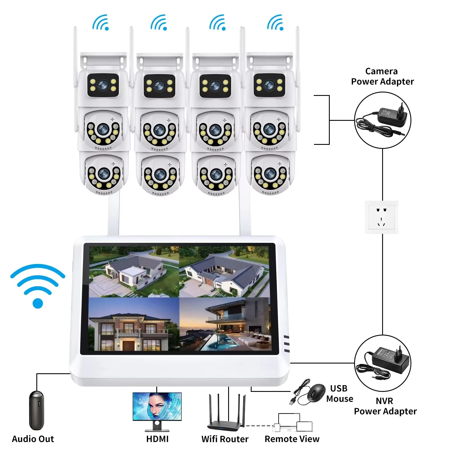 Gadinan Wifi PTZ 카메라 시스템 10.1 인치 스크린 NVR 비디오 감시 3MP 자동 추적 방수 양방향 오디오 감시