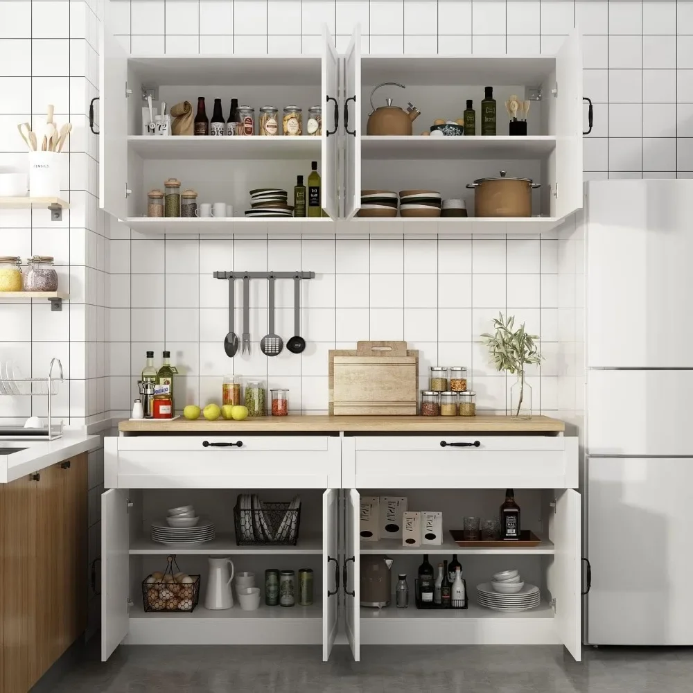 Wall Mounted Kitchen Pantry Storage Cabinet with Countertop, Pantry Cabinet with Drawers & Doors, Wall for Kitchen