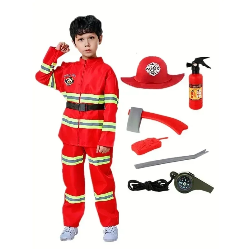 3-12Y Firefighter Costume Set with 6PC Fireman Toys Role Play Dress Up for Toddler Pretend Play Party Hero Outfit Blue Red