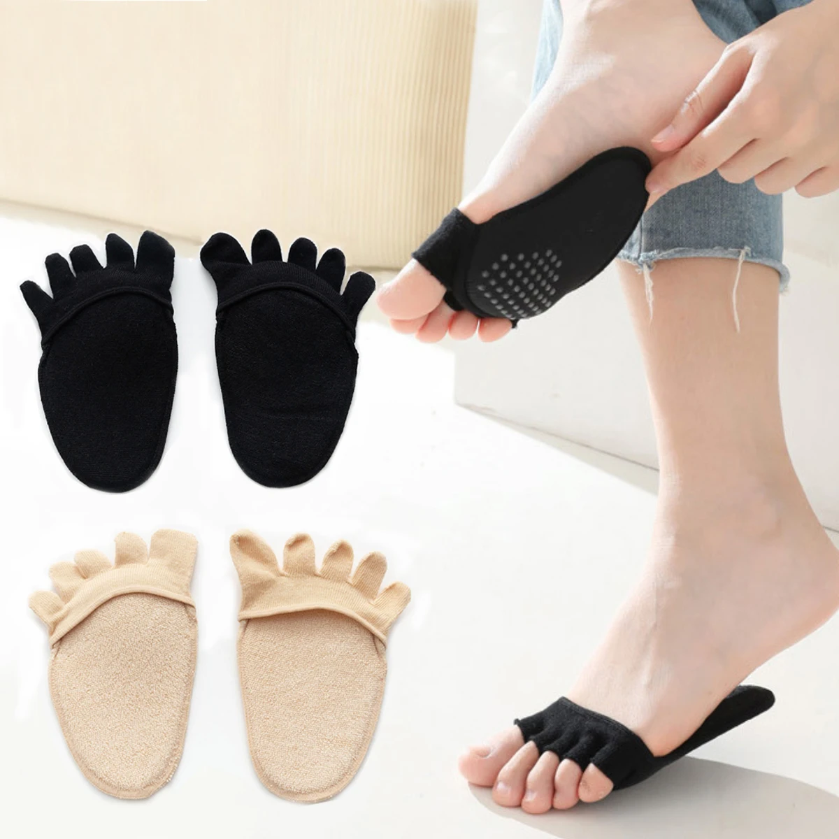 （2 pairs）0Invisible Toe Socks for High Heels | 5-Toe Separated, Breathable Bamboo Fiber, Anti-Blister & Non-Slip Forefoot Pads