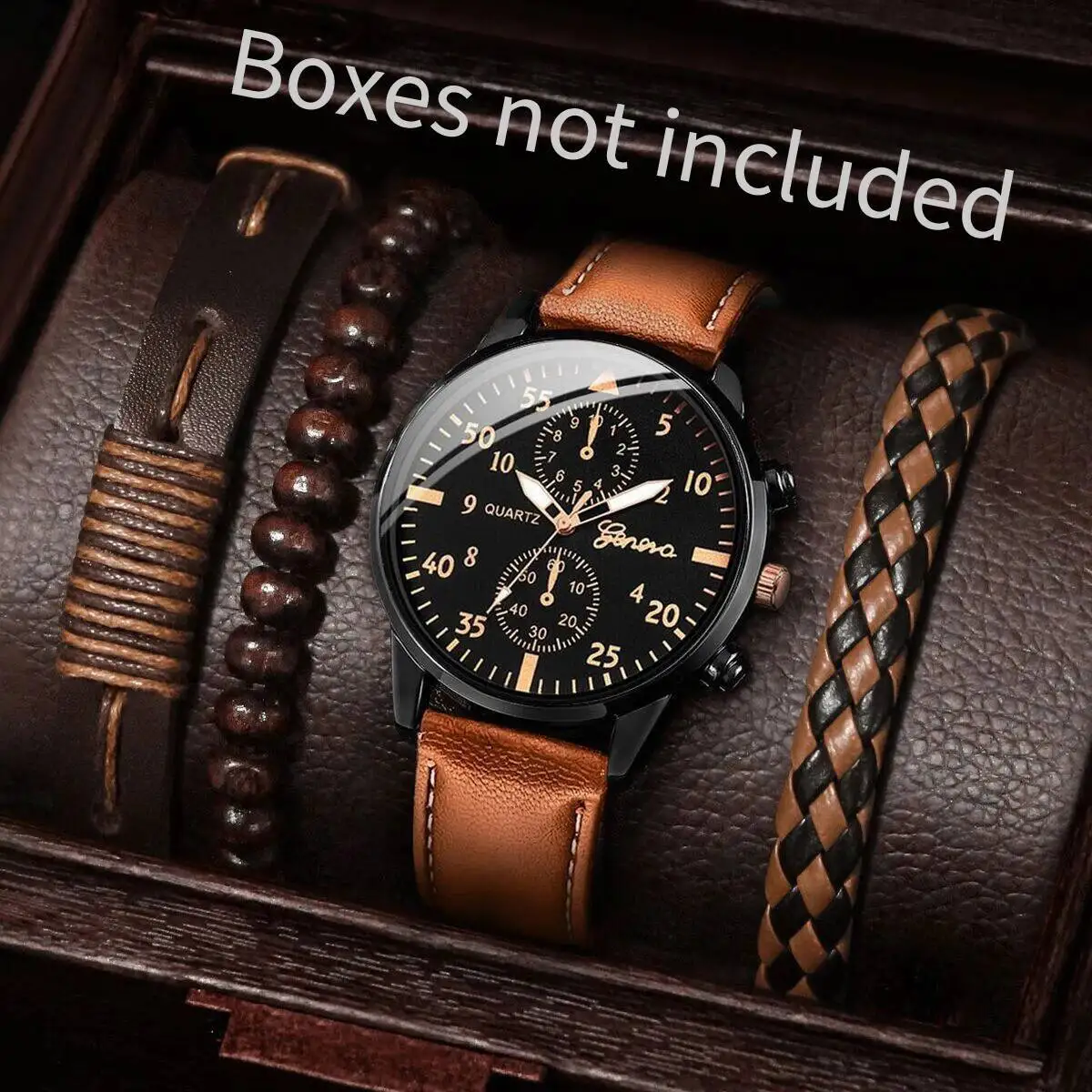 4PCS/Set Fashion Men's Business Watches Casual Leather Strap Quartz Wristwatches Vintage Bracelets Set Reloj Hombre（Without Box）