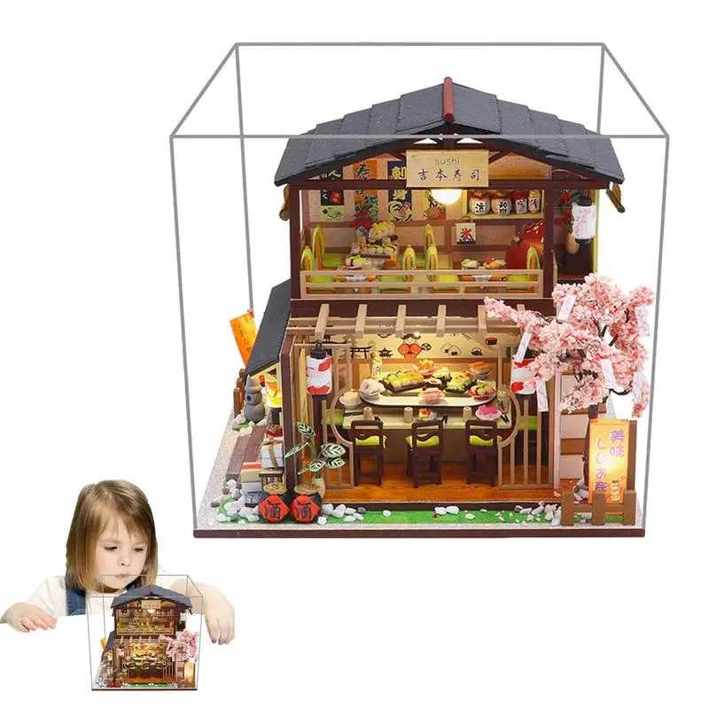 

Tiny House Kits Dustproof 3D Mini House-making Kit Japanese Sushi Shop Wooden Dollhouse For Teen With Hand-controlled Battery