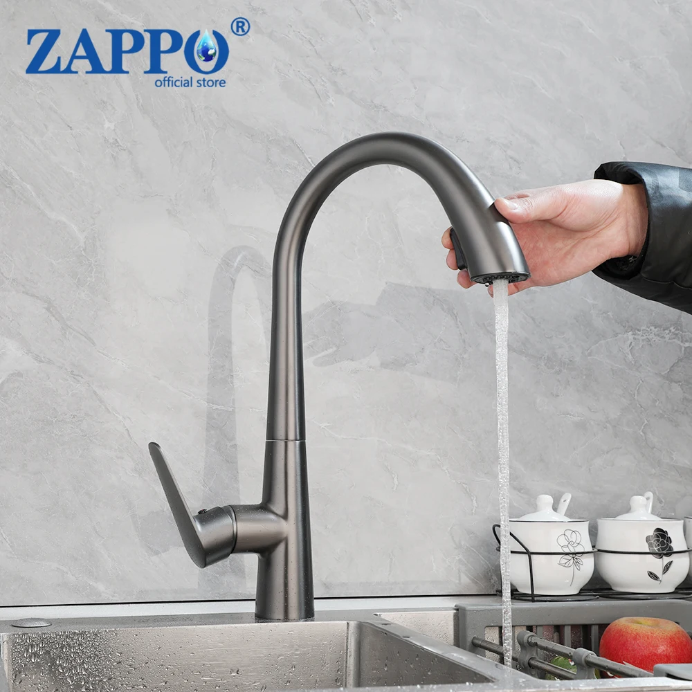 Zappo Gun Gray Kitchen Faucet Two Function Single Handle Pull Out Hot and Cold Water MixerTaps Deck Mounted Faucets 4 Choice