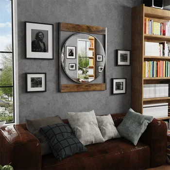 LUVODI Industrial Retro Decorative Wall Mirror Round Accent Mirror with Square Wood Frame for Wall Decor 4