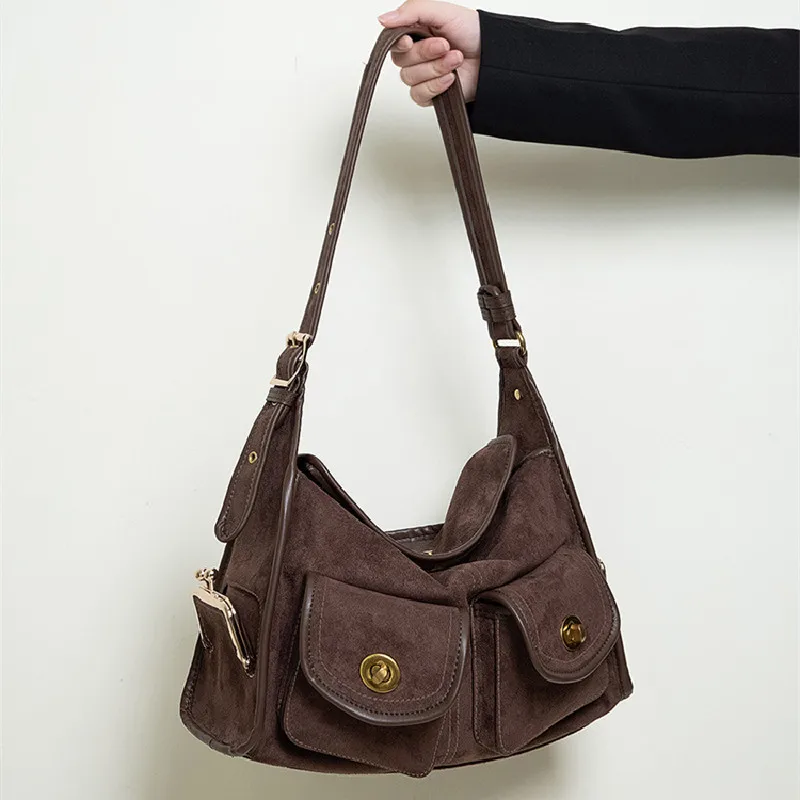Casual Commuter Large Capacity Suede Pillow Bag Single Shoulder Crossbody Bag Vintage Style Polyester Lining Zipper Closure