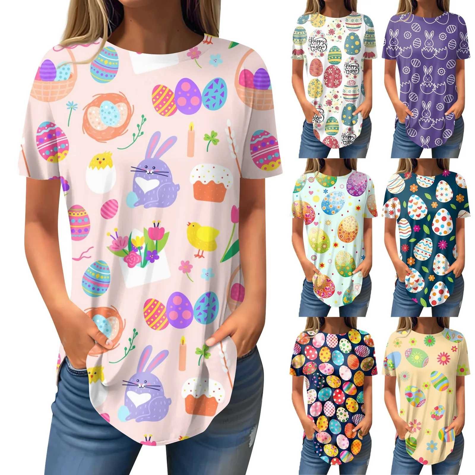 

Женская модная Повседневная рубашка с круглым вырезом, пуловер с пасхальным принтом и коротким рукавом, облегающая дизайнерская футболка قوزوزوز