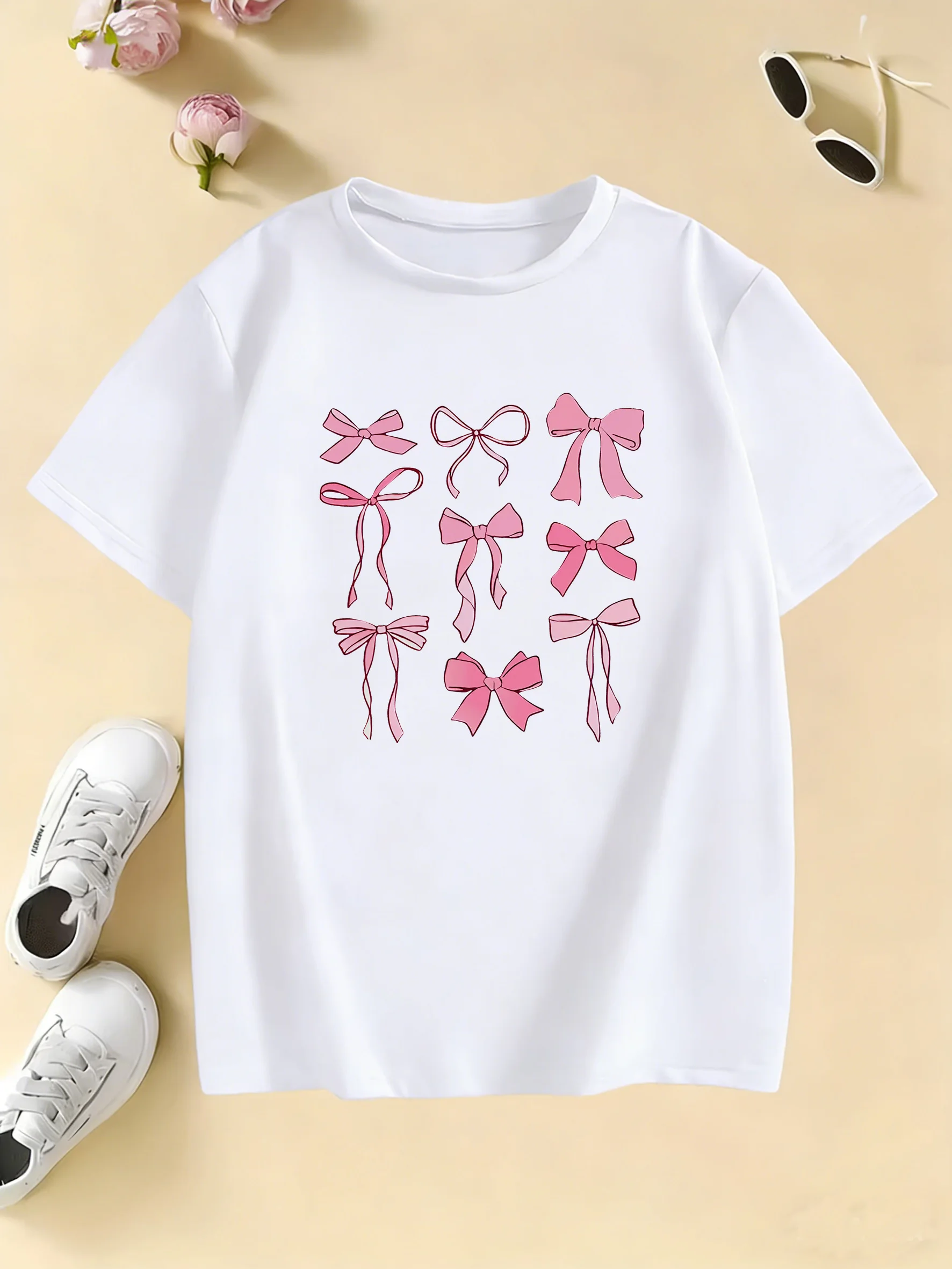 Vibrant Pink Bow Graphic Kids' Casual T-Shirt