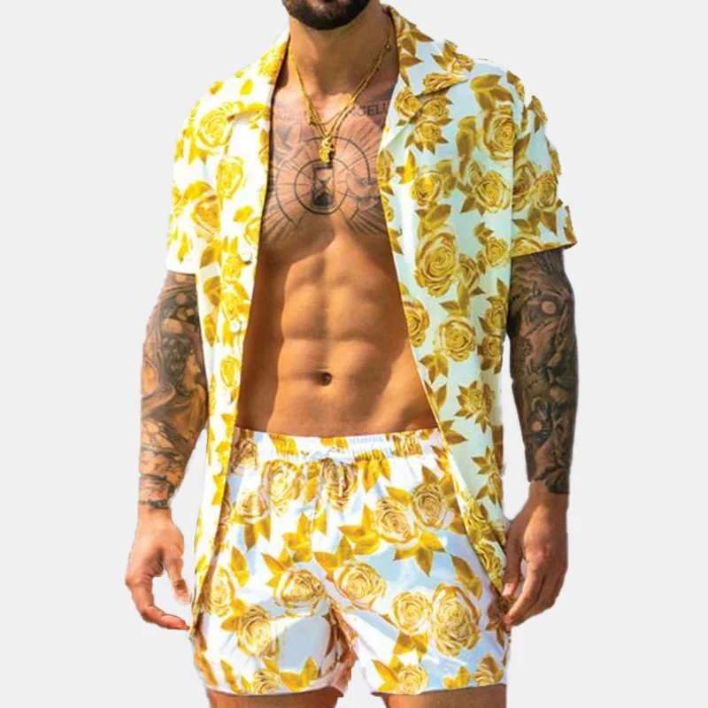 

Mens Sets Casual Loose Fitting Beach Outfit Three Color Printed Short Sleeved Set, Comfortable and Casual Two-piece Set