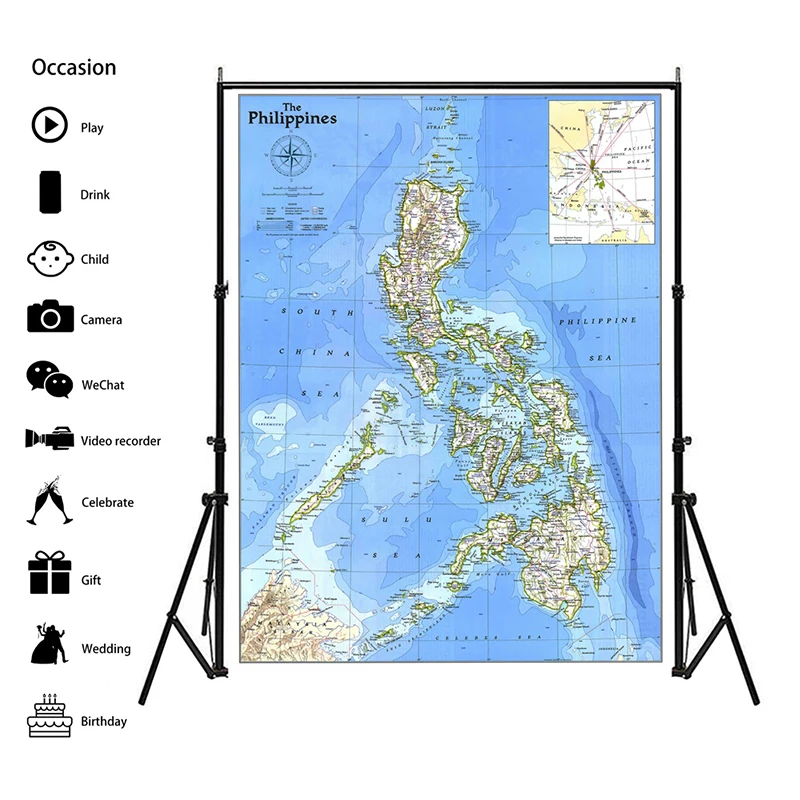 Philippines Map 1986 Decorative Hanging Picture 100x150cm Non-woven Detailed Poster Wall Chart Retro Paper Kraft Paper
