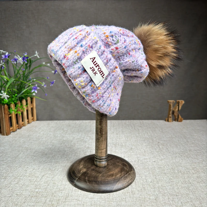 2024 New Fashion Natural fur pompom hat for women High quality mix-Color Travel Beanies Winter Hats for women Warm Female beanie 6