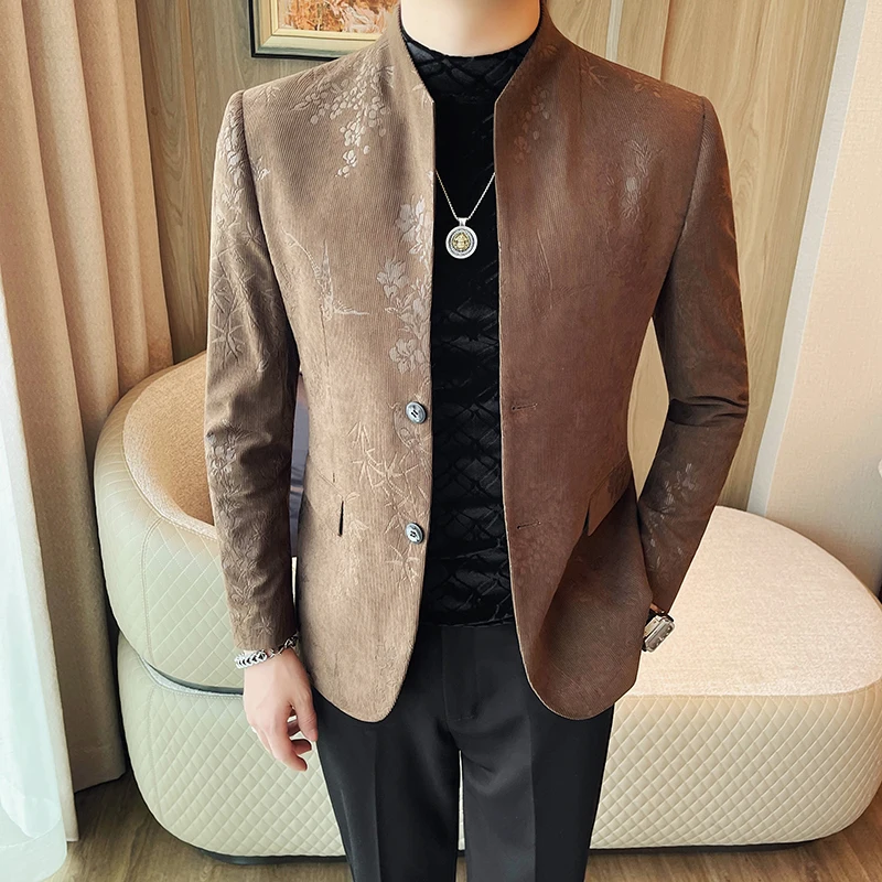 Men's New Chinese Stand Collar Blazer Jacket Fashion Elegant Printed Slim Fit Business Suits Jacket Tailcoat Men Clothing