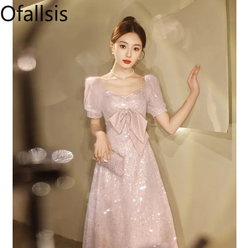 

Ofallsis Pink Square Neck Puff Sleeve Evening Dress 2023 New High End Luxury Engagement Birthday High End Adult Gift Dresses