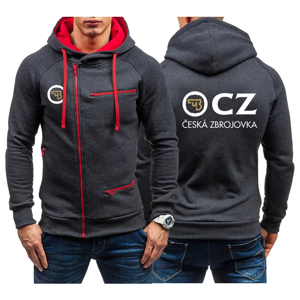 

2024 Men's New CZ Logo Long Sleeve Oblique Zipper Design Cardigan Hoodies Autumn Ceska Zbrojovka Printed Casual Solid Color Coat