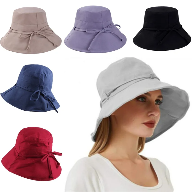 

Foldable Bucket Hats For Women Summer Beach Sun Hat Outdoor Cotton Female Solid Wide Brim Sunscreen Panama Fisherman Cap Bob Men