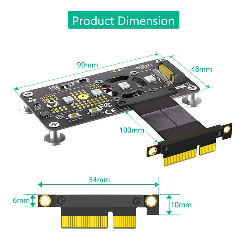 냉각 선풍기 RGB LED 마그네틱 패드 포함 익스텐션 케이블 라이저 보드, PCI 익스프레스 3.0 4X-M 키 컨버터, M.2 NVME-PCIE X4, 10cm
