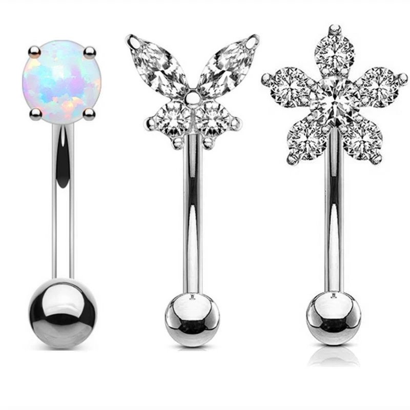 Elegant Heart Crystal Curved Barbell & CZ Star Eyebrow Ring Set - 3-Piece Collection