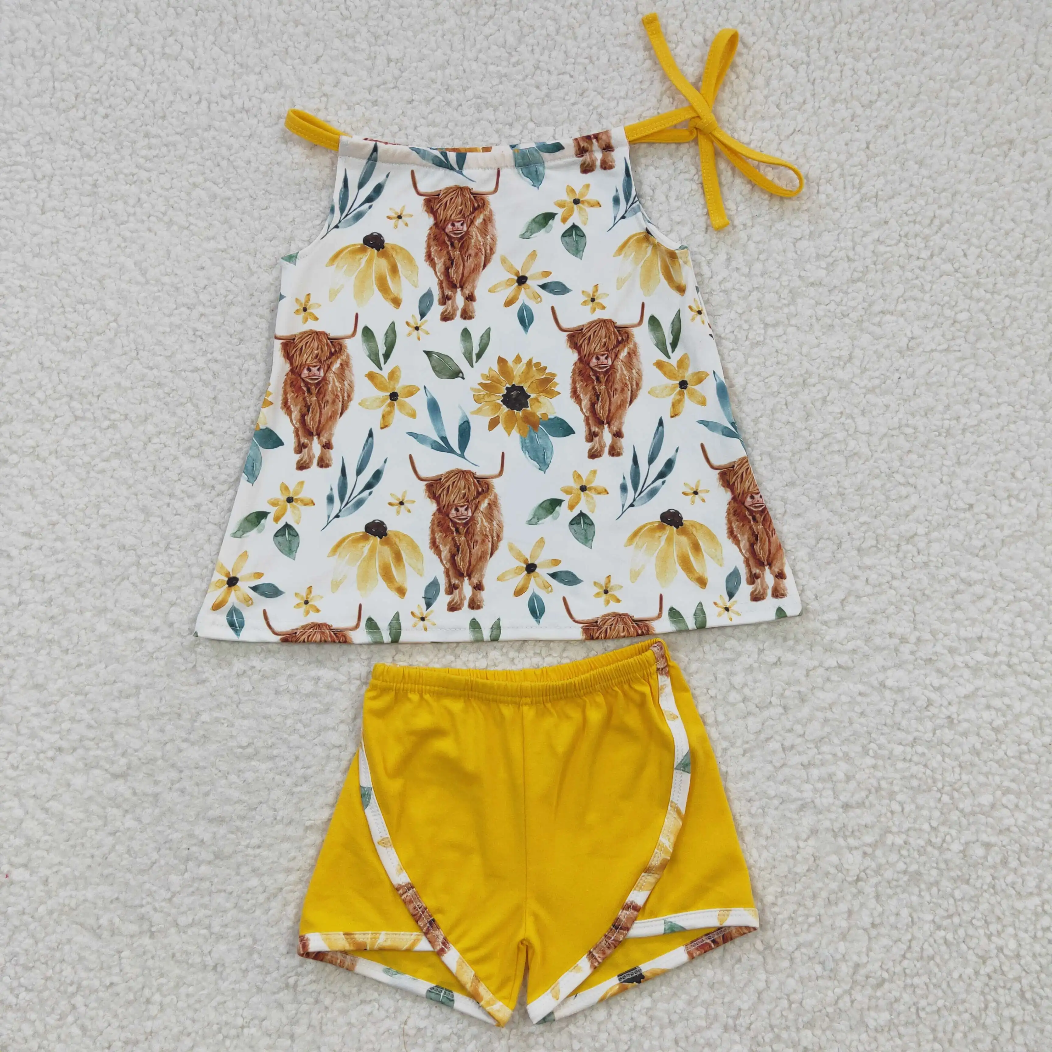 

New Release RTS Floral Baby Highland Cow Outfits Girls Boutique Clothes Kids Yellow Spring Sets