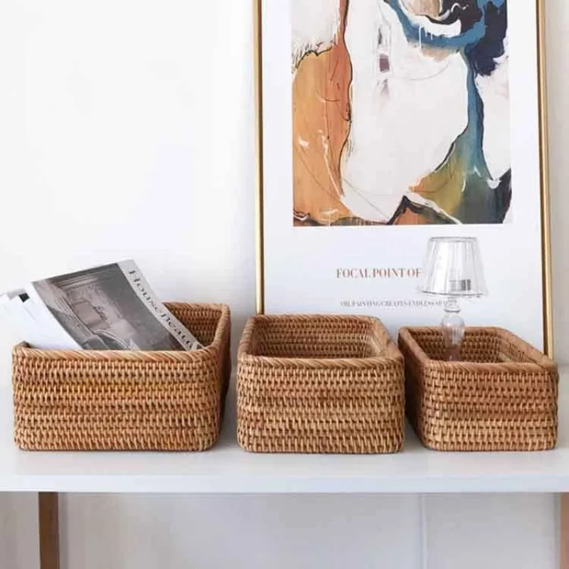 Natural Rattan Storage Baskets, Rectangular Woven Fruit Baskets, Wicker Decoration and Organizer for Bathroom, Living Room 5