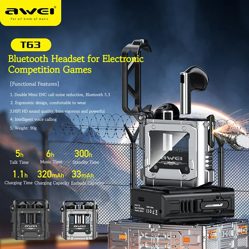 

Bluetooth-наушники Awei T63, Tws, с шумоподавлением и микрофоном