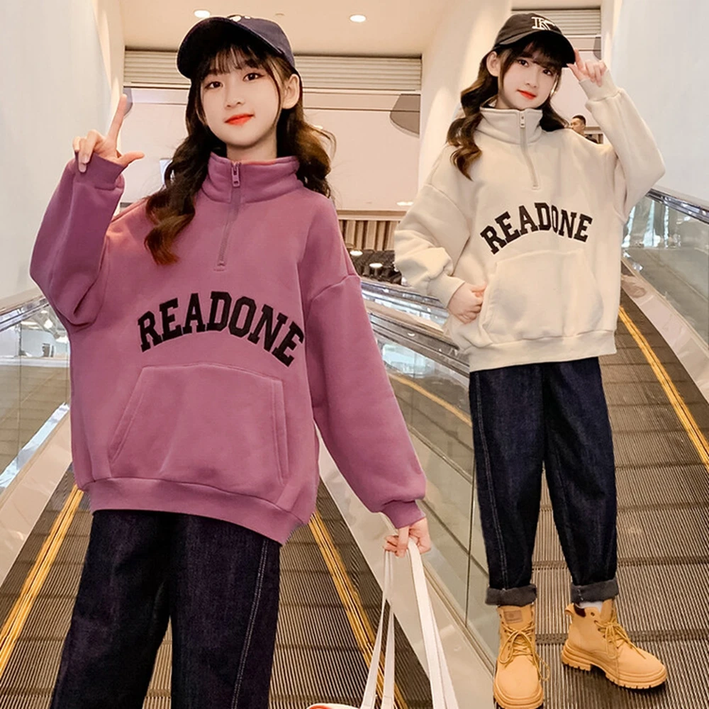 

Teens Girls Hoodies with Zipper for Kids 5-14Years Autumn Winter Thicken Clothes Long Sleeve Cotton Letter Children Sweatshirts